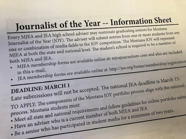 Montana HS Journalist of the Year deadline March 1