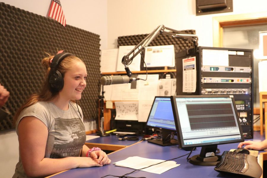 1.	 Park High student Desiree Swanson learns how to interview someone on-air while visiting the Northern News Network station in Billings Thursday.
