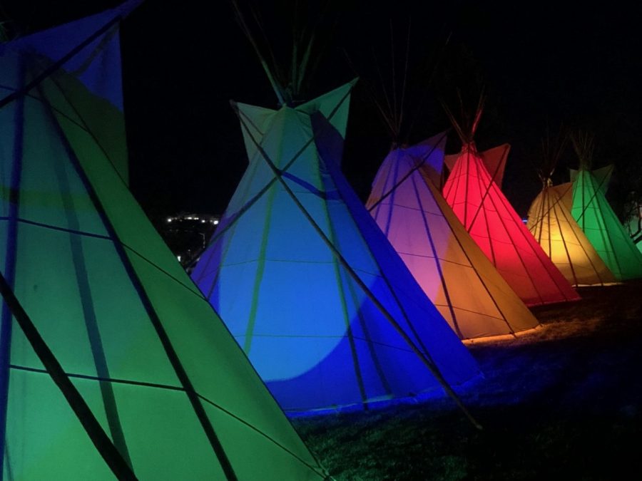 Colorful teepees line the north side of the Great Falls Public Schools District office building overlooking the Missouri River.